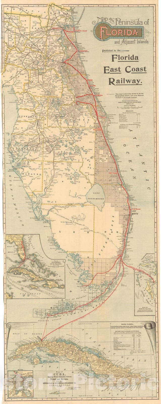 Historic Map : The Peninsula of Florida and Adjacent Islands 1907 , Vintage Wall Art