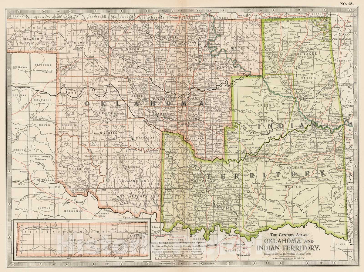 Historic Map : Oklahoma 1897 , The Century Atlas World , Vintage Wall Art