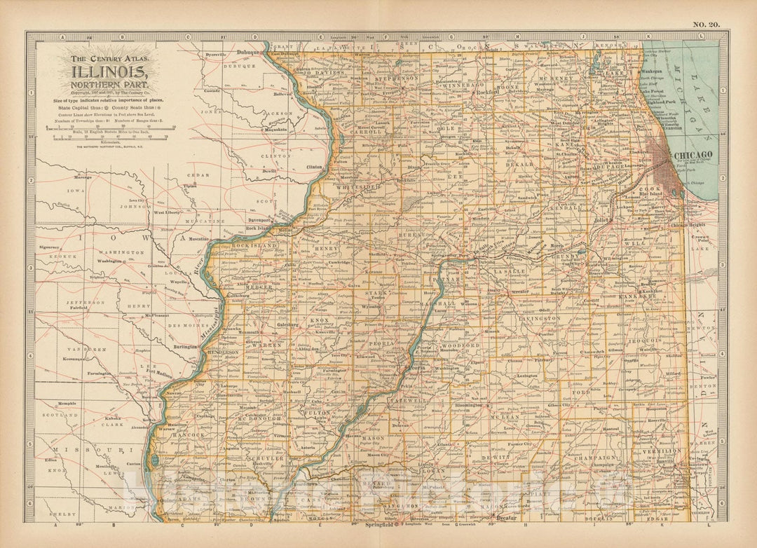Historic Map : Illinois 1914 , Century Atlas of the World, v2, Vintage Wall Art