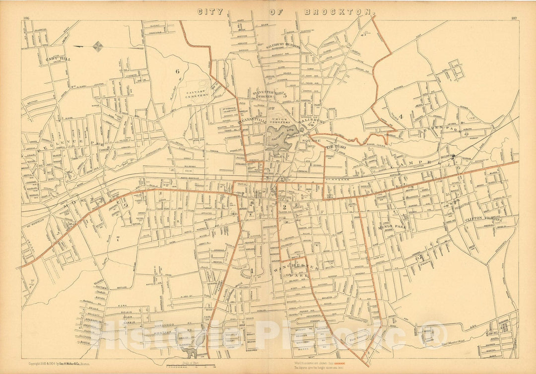 Historic Map : Atlas of Massachusetts, Brockton 1904 , Vintage Wall Art