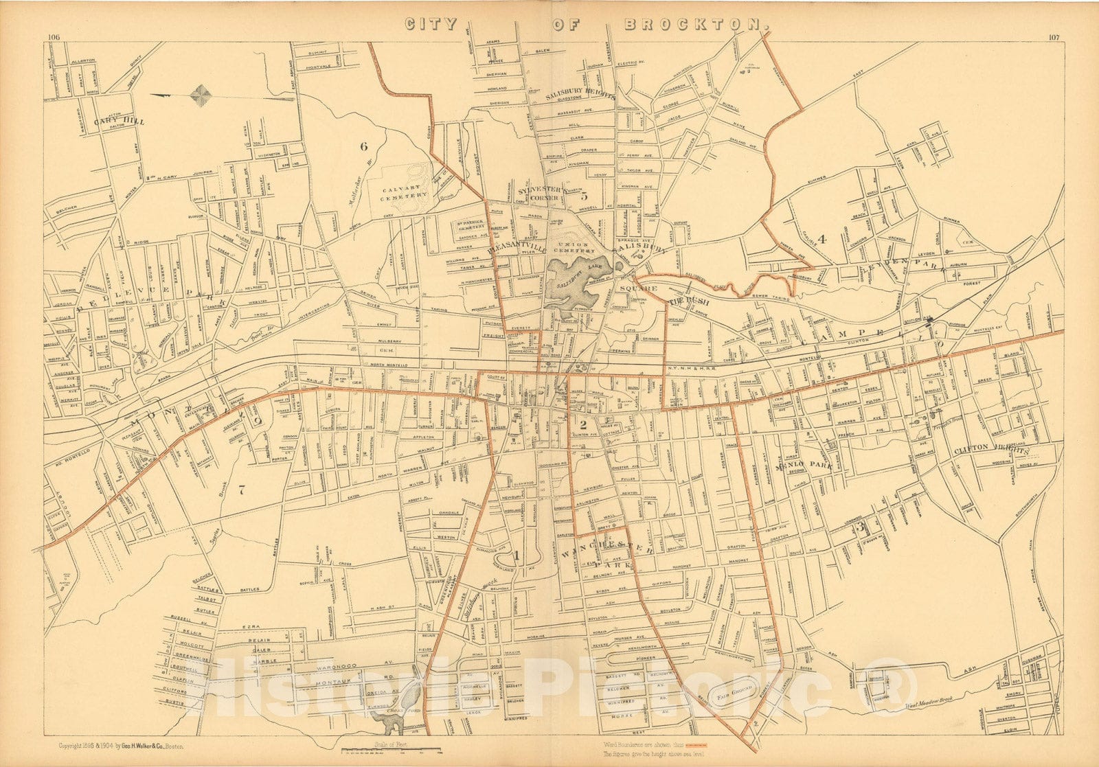 Historic Map : Atlas of Massachusetts, Brockton 1904 , Vintage Wall Art