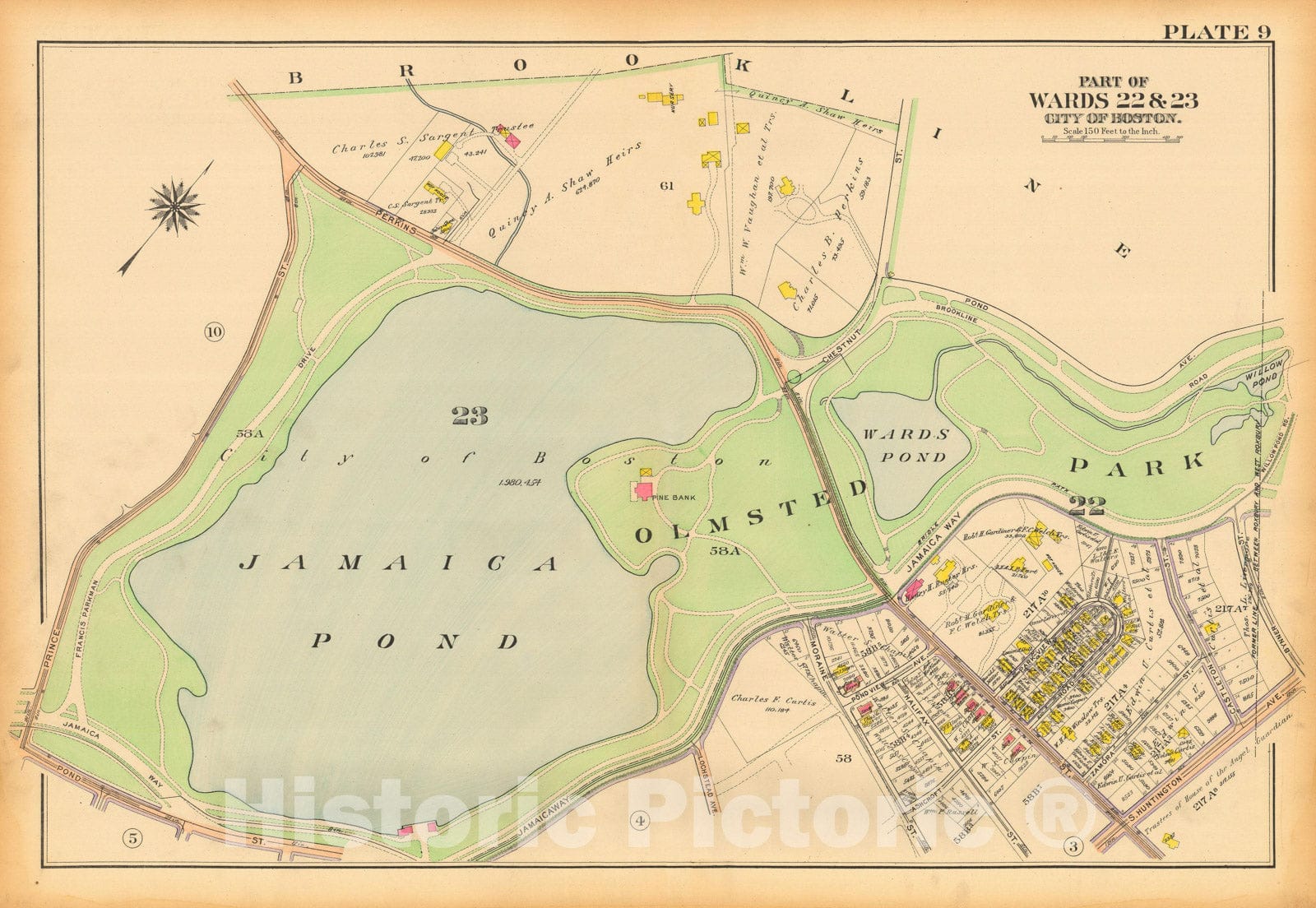 Historic Map : Atlas City of Boston, West Roxbury, Jamaica Plain 1914 Plate 009 , Vintage Wall Art