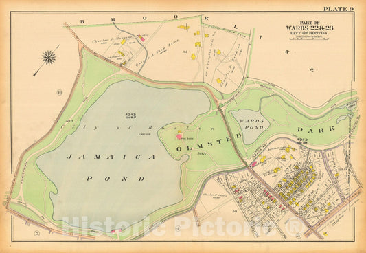 Historic Map : Atlas City of Boston, West Roxbury, Jamaica Plain 1914 Plate 009 , Vintage Wall Art