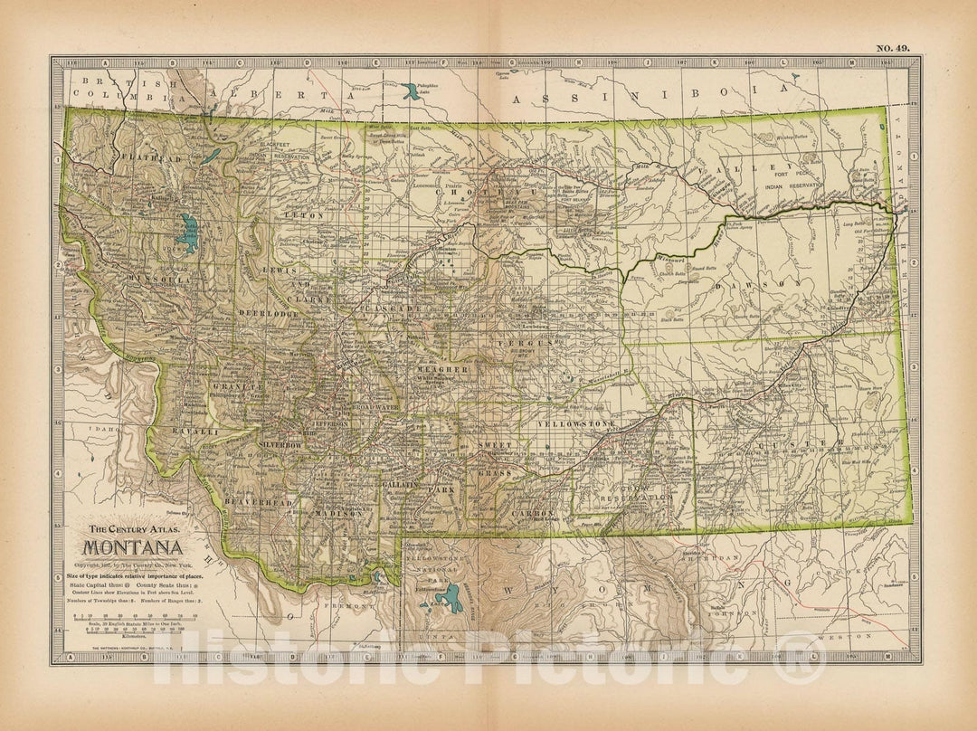 Historic Map : Montana 1897 , The Century Atlas World , Vintage Wall Art