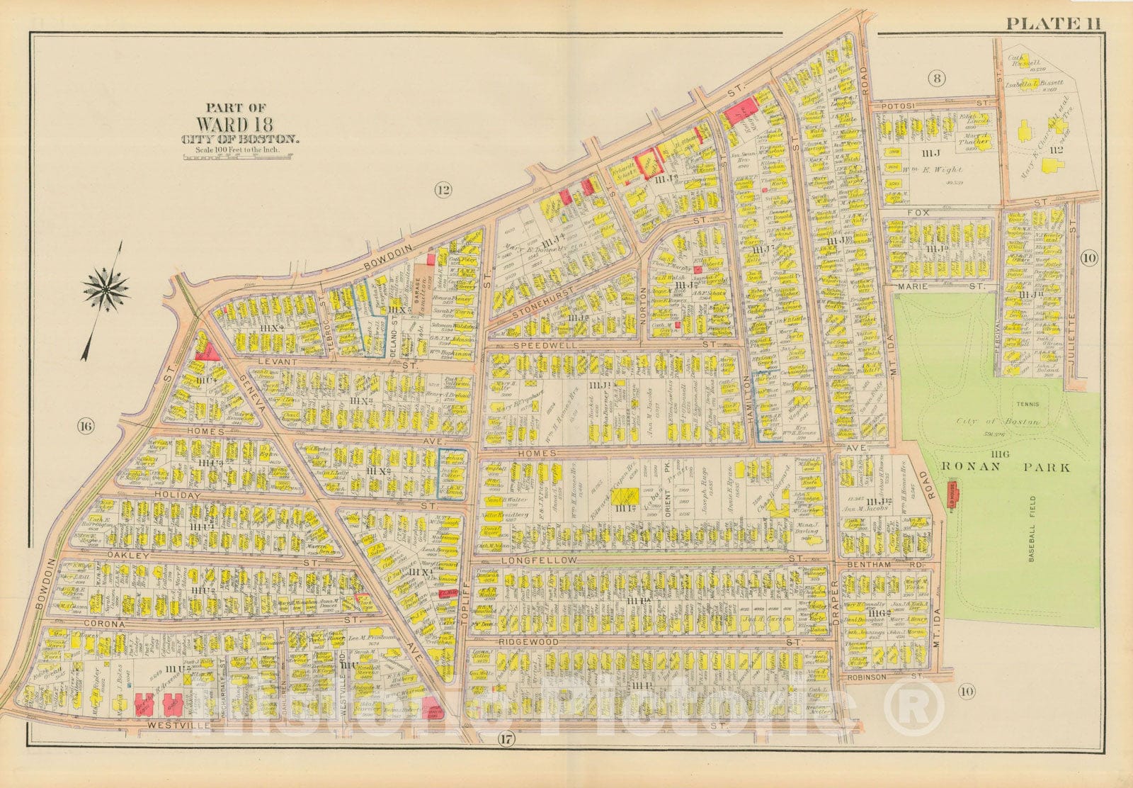 Historic Map : Atlas City of Boston, Dorchester, Dorchester 1918 Plate 011 , Vintage Wall Art
