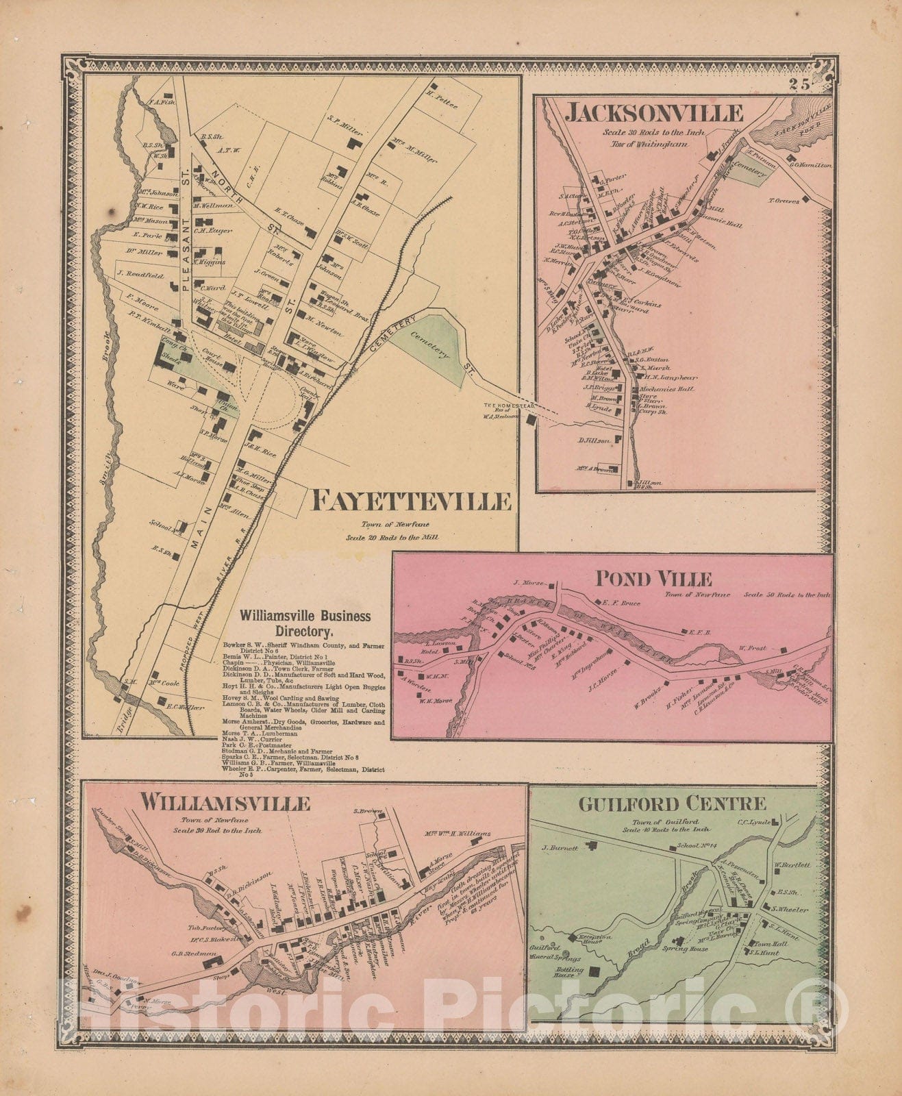 Historic Map : Atlas of Windham County, VT, Guilford & Newfane & Wittingham 1869 , Vintage Wall Art