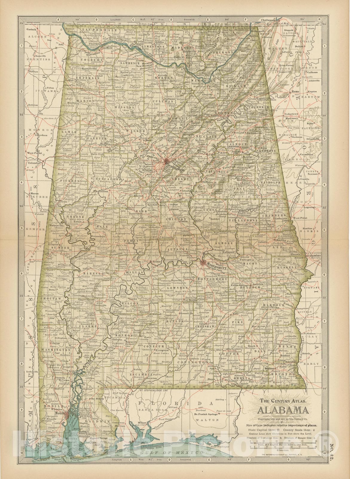 Historic Map : Alabama 1914 , Century Atlas of the World, Vintage Wall Art