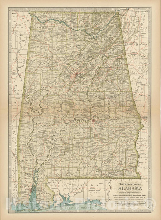 Historic Map : Alabama 1914 , Century Atlas of the World, Vintage Wall Art
