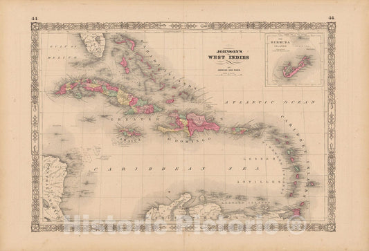 Historic Map : West Indies 1865 , Johnson's Family Atlas , Vintage Wall Art
