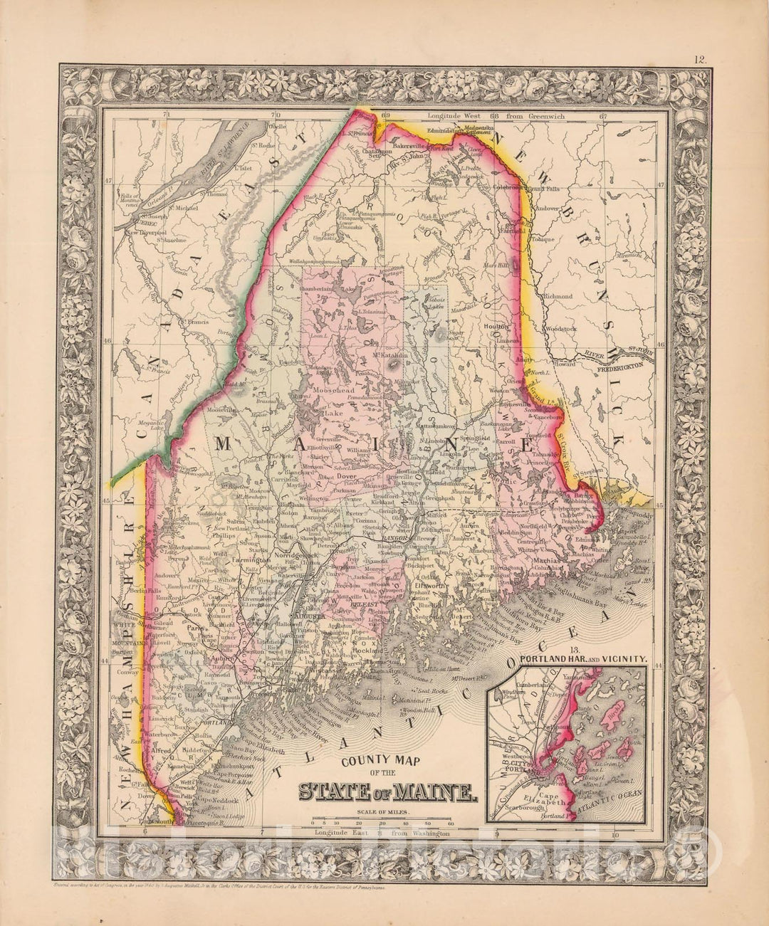 Historic Map : Maine 1864 , New General (World) Atlas , Vintage Wall Art