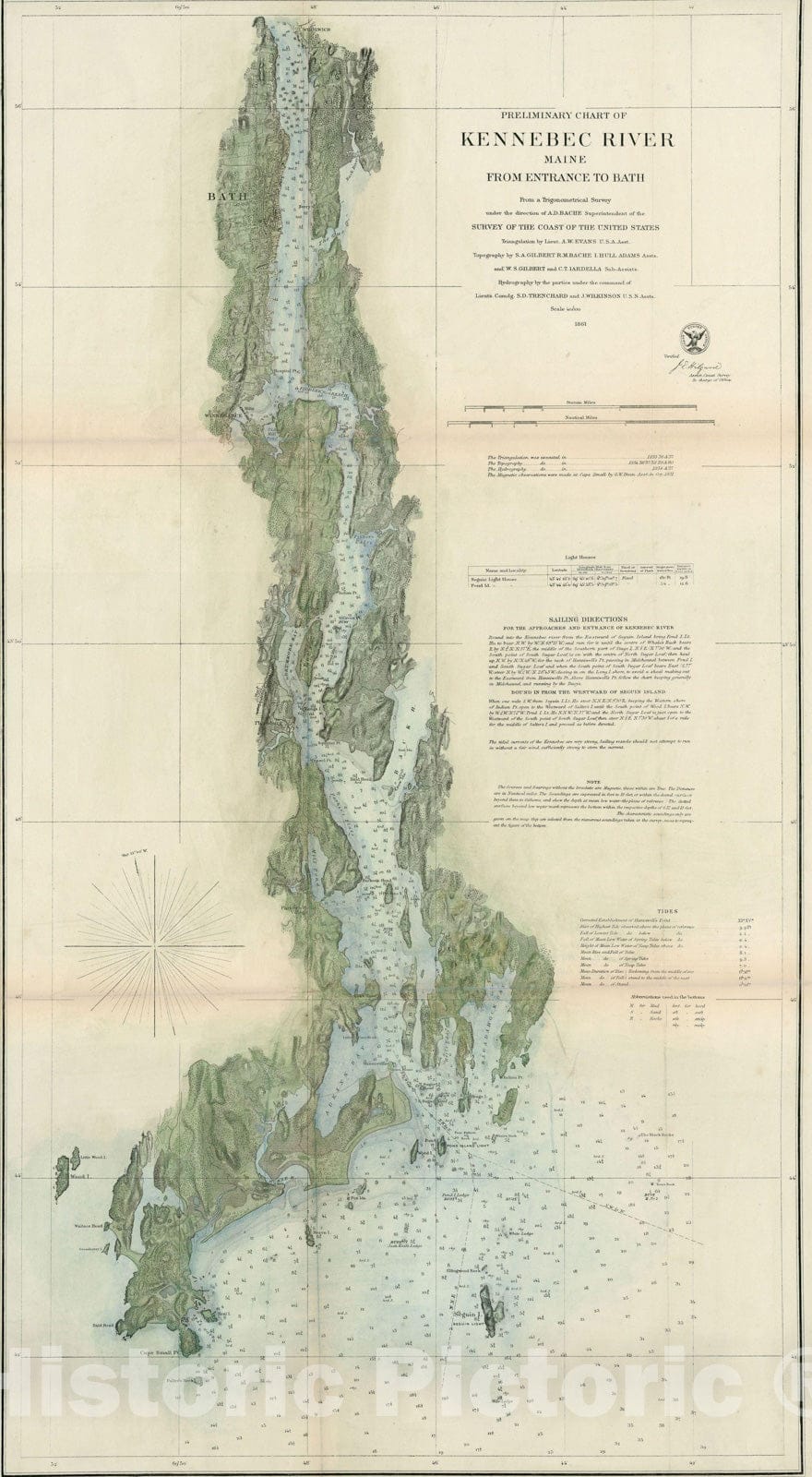 Historic Map : Bath & Kennebec River 1861 Topographic Map , Vintage Wall Art