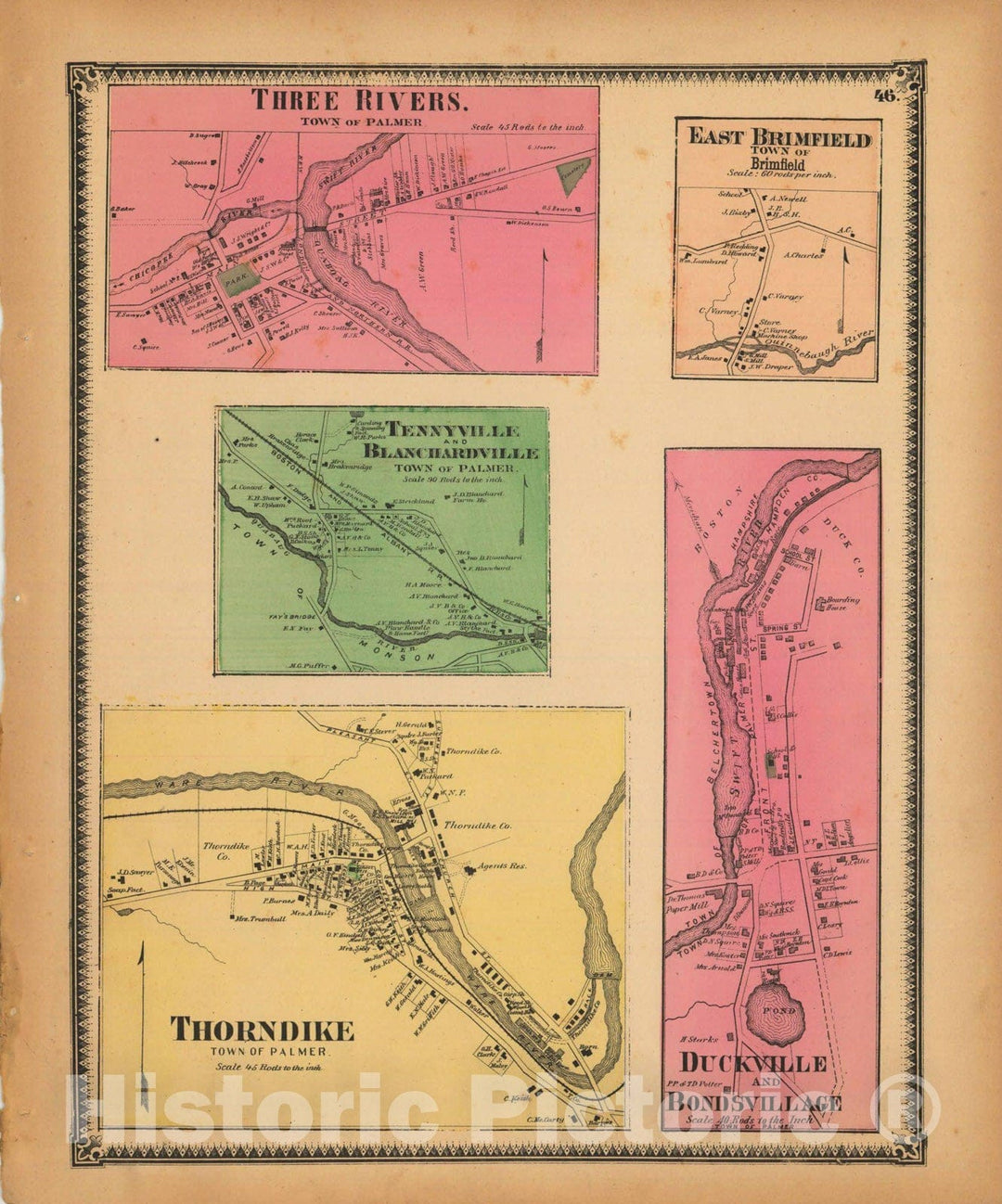 Historic Map : Atlas of Hampden County Massachusetts, Thorndike 1870 , Vintage Wall Art
