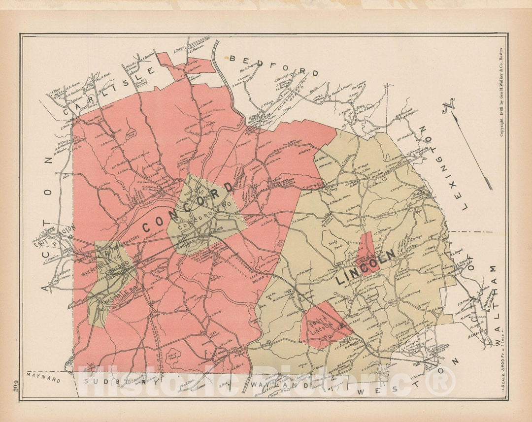 Historic Map : Atlas of Middlesex County, Massachusetts, Concord & Lincoln 1889 , Vintage Wall Art