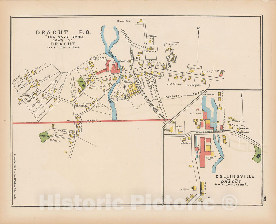Historic Map : Atlas of Middlesex County, Massachusetts, Dracut 1889 , Vintage Wall Art