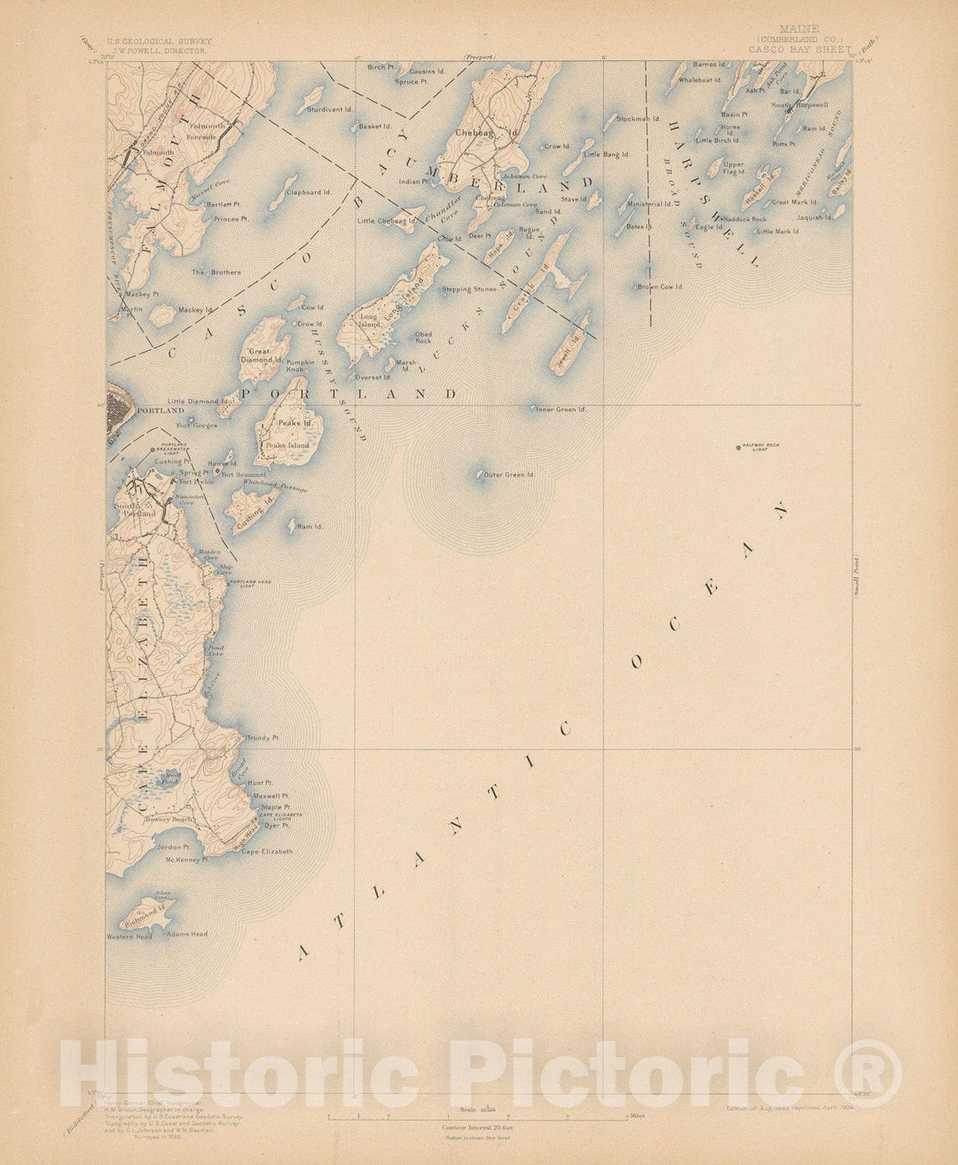 Historic Map : Atlas of Maine 1905, Casco Bay & Cumberland & Falmouth & Harpswell & Portland 1905 Topographic Map , Vintage Wall Art