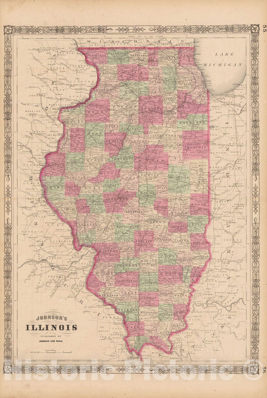 Historic Map : Illinois 1865 , Johnson's Family Atlas , Vintage Wall Art