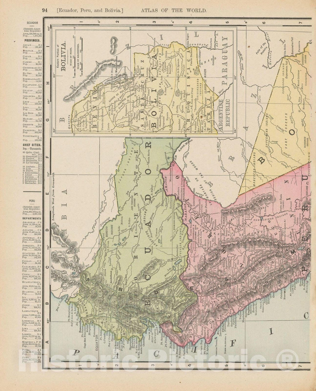 Historic Map : Ecuador & Peru & Bolivia 1900 , Universal Atlas World , Vintage Wall Art