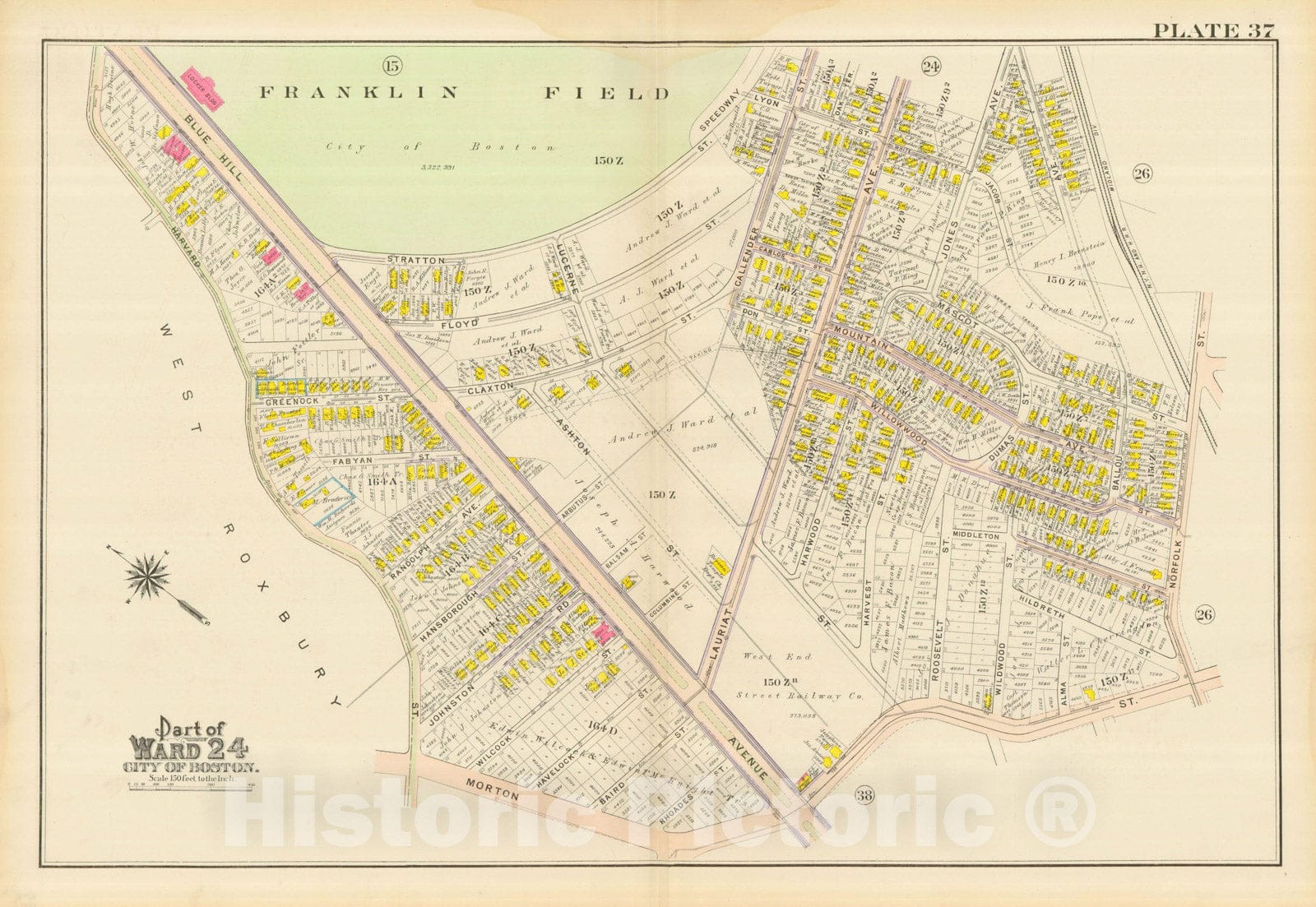 Historic Map : Atlas City of Boston, Dorchester, Dorchester 1910 Plate 037 , Vintage Wall Art