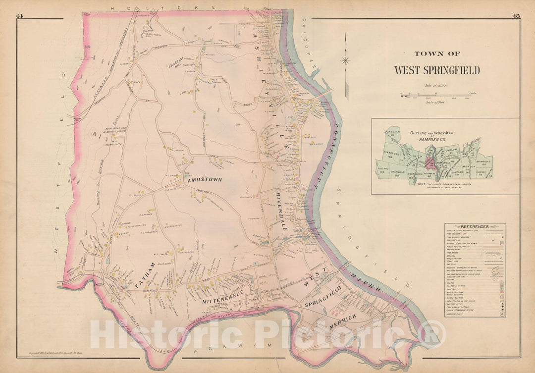 Historic Map : Atlas of Hampden County, Massachusetts, West Springfield 1894 , Vintage Wall Art