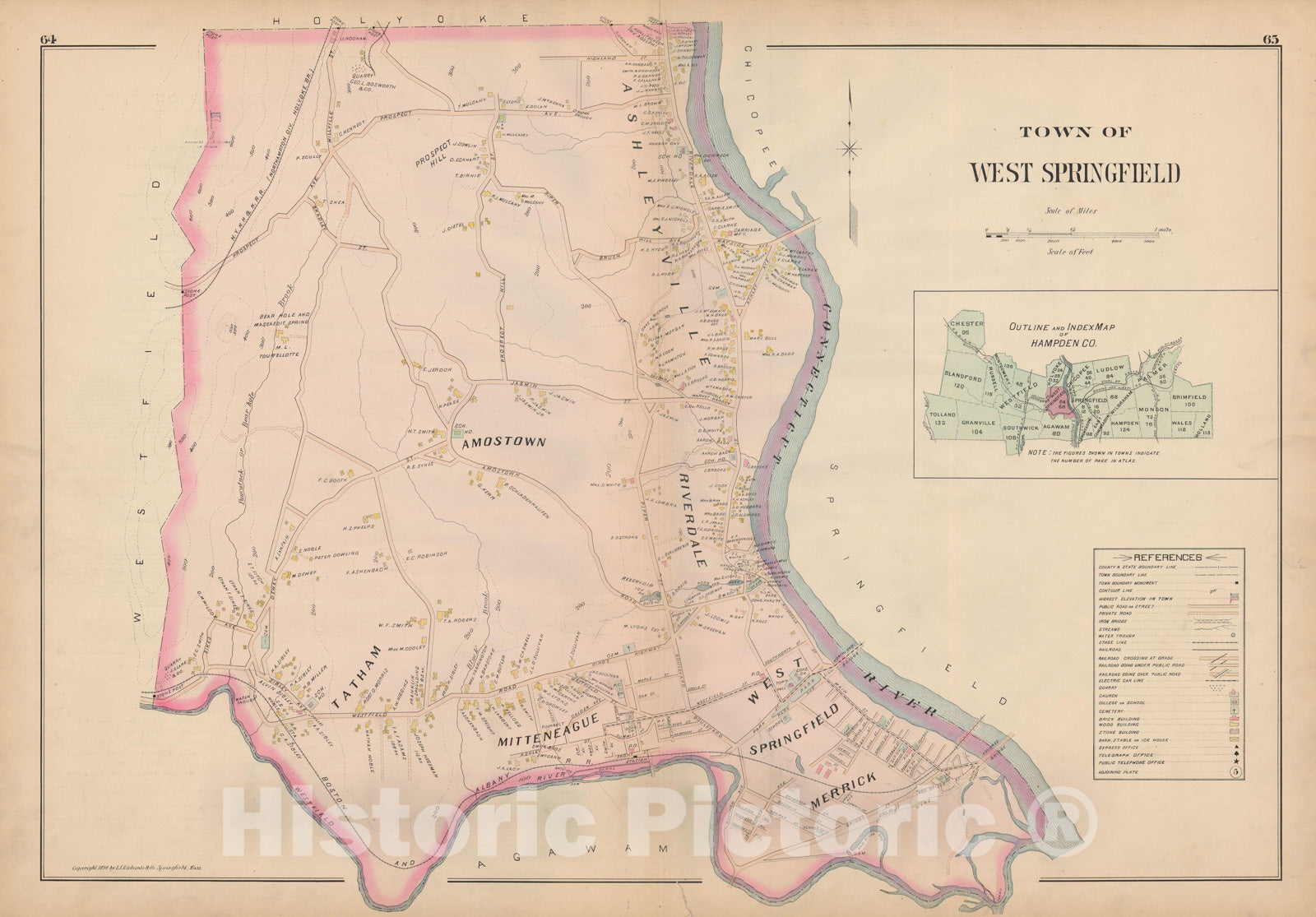 Historic Map : Atlas of Hampden County, Massachusetts, West Springfield 1894 , Vintage Wall Art