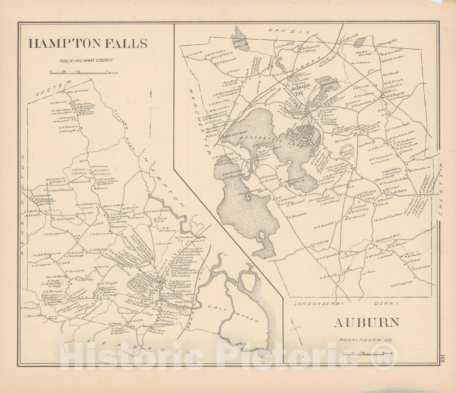 Historic Map : Auburn & Hampton Falls 1892 , Town and City Atlas State of New Hampshire , Vintage Wall Art