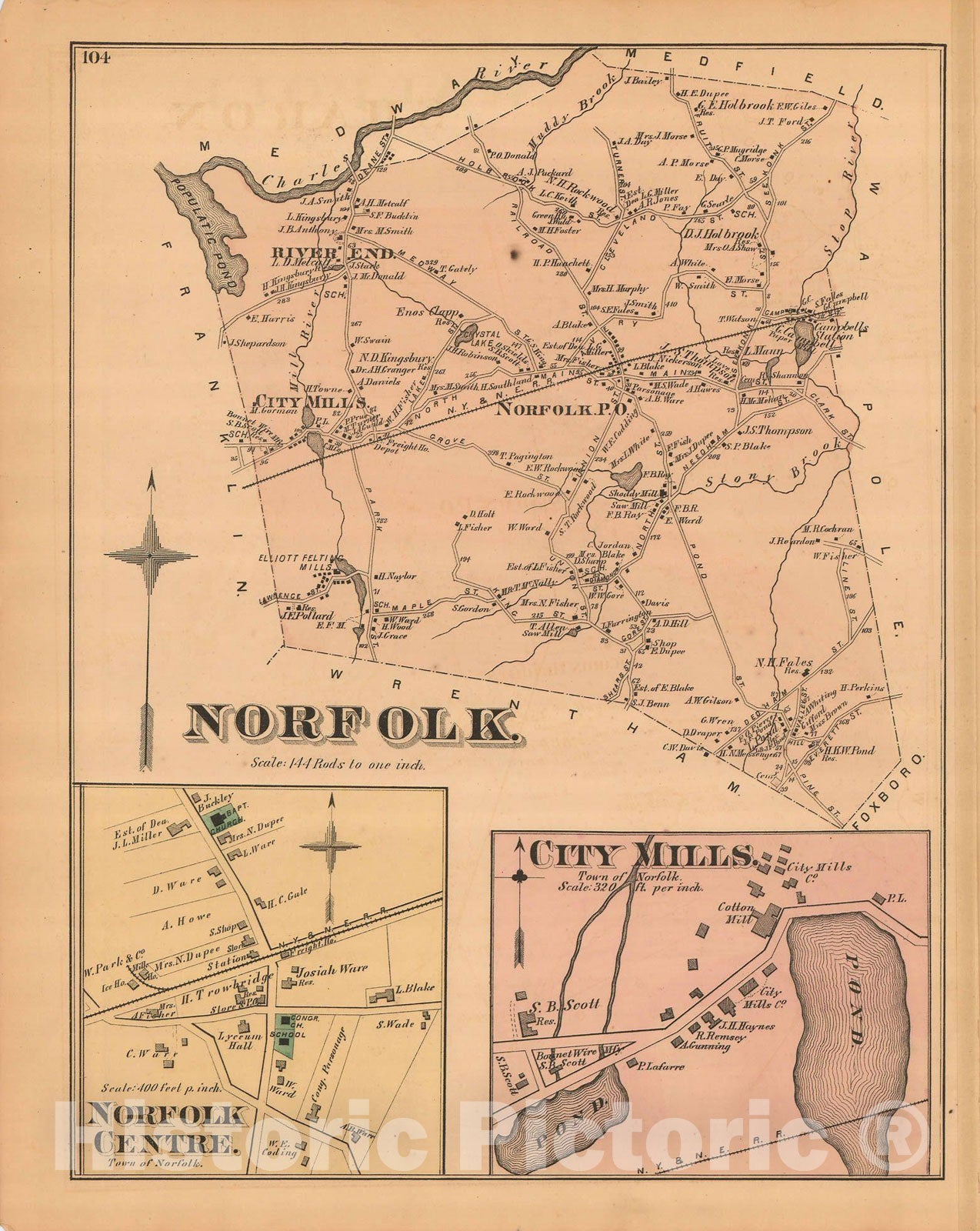Historic Map : Atlas of Norfolk County, Norfolk 1876 , Vintage Wall Art