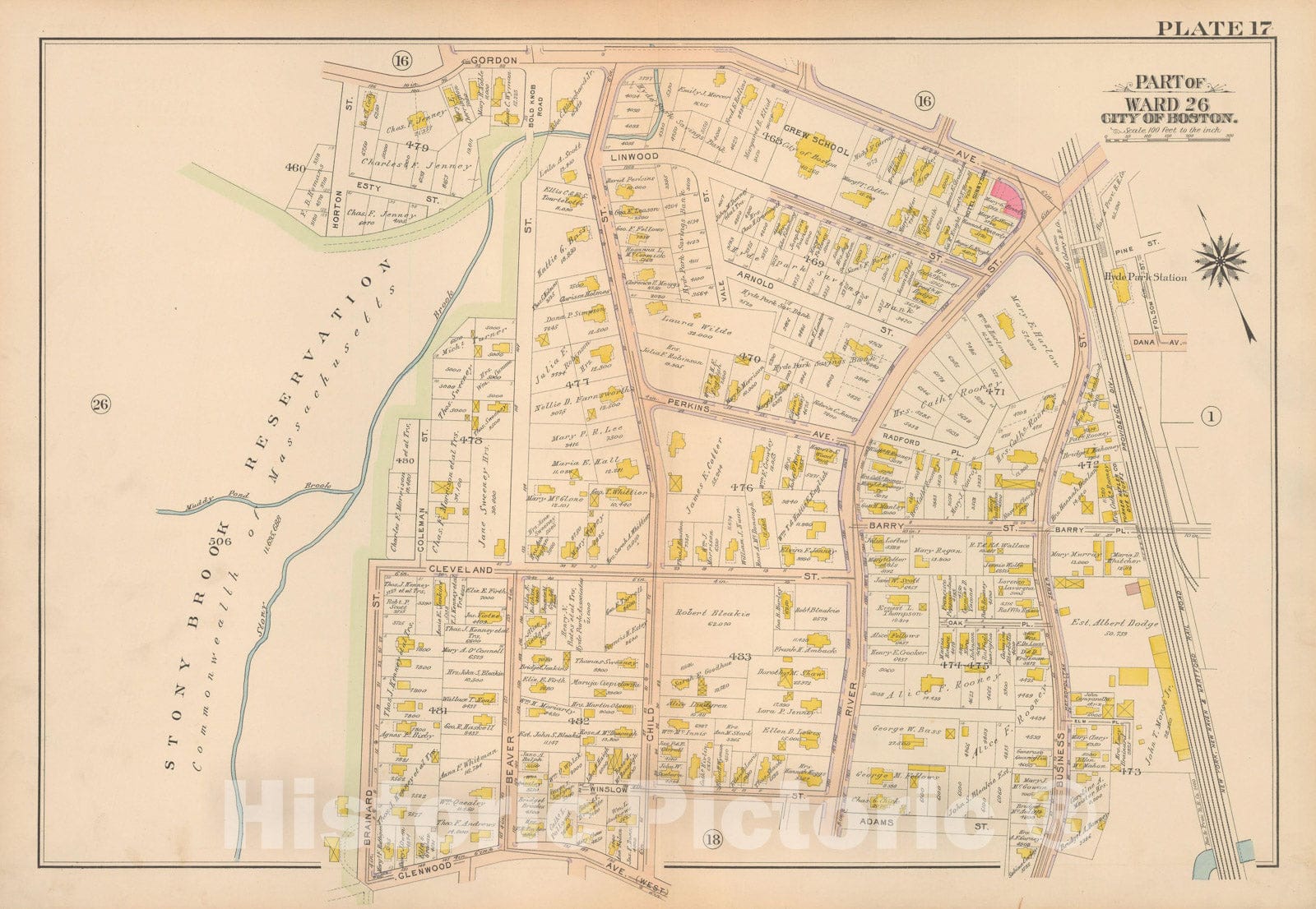 Historic Map : Atlas City of Boston Ward 26 Hyde Park, Hyde Park 1912 Plate 017 , Vintage Wall Art