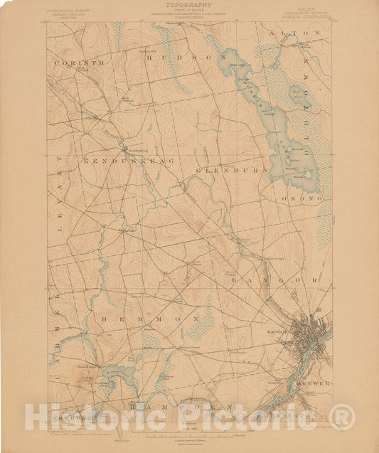 Historic Map : USGS 7.5 Minute Sheets and Quadrangles, Bangor & Kenduskeag 1906 Topographic Map , Vintage Wall Art
