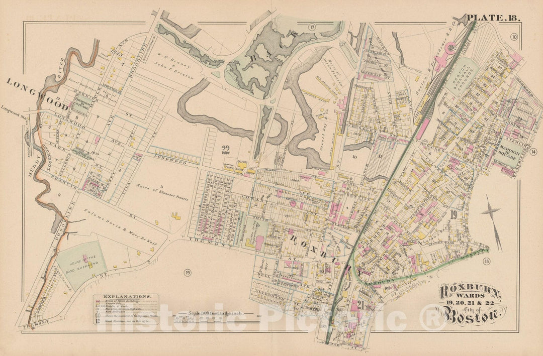 Historic Map : City Atlas of Boston, Massachusetts, Boston & Roxbury 1882 Plate 018 , Vintage Wall Art