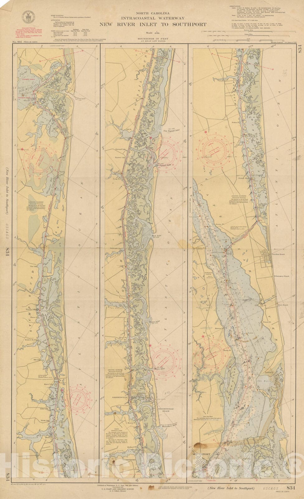 Historic Map : Coastal Charts - NC Intracoastal: New River Inlet to Southport 1947 , Vintage Wall Art