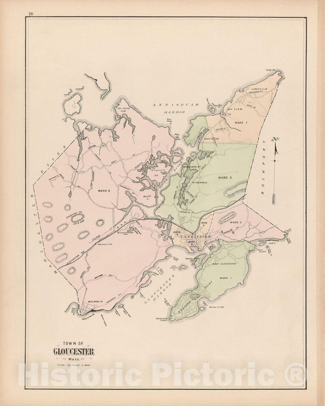 Historic Map : Atlas of Essex County, Gloucester & Magnolia 1884 , Vintage Wall Art