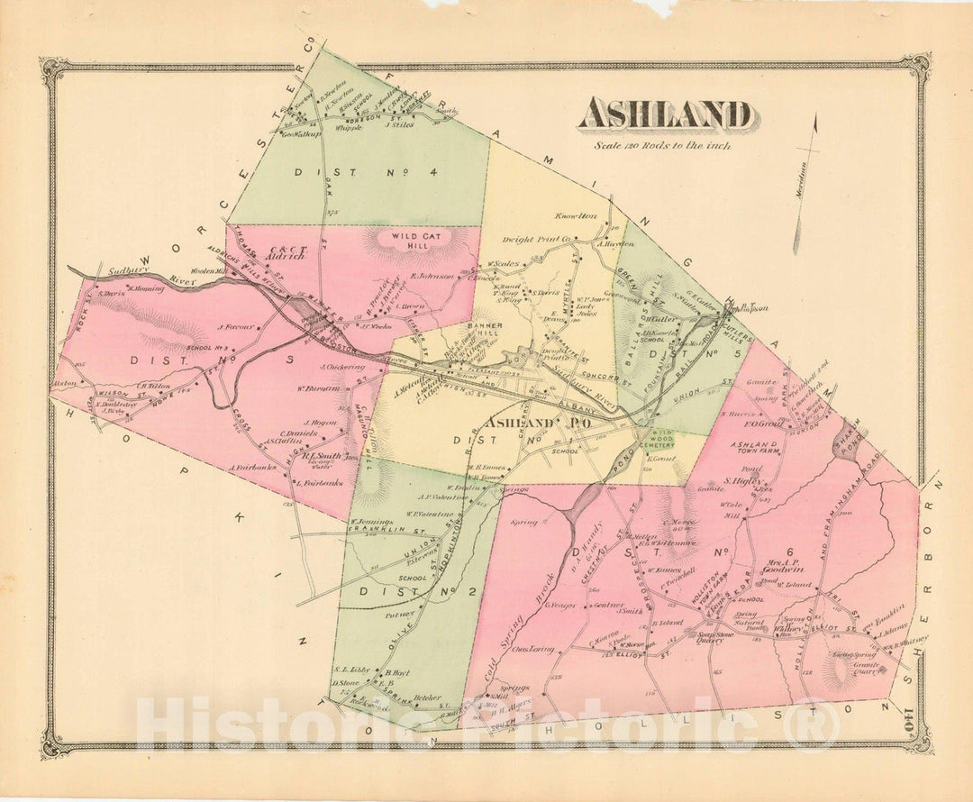 Historic Map : County Atlas of Middlesex Massachusetts, Ashland 1875 , Vintage Wall Art