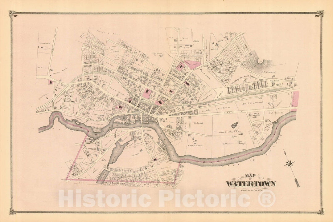 Historic Map : County Atlas of Middlesex Massachusetts, Watertown 1875 , Vintage Wall Art
