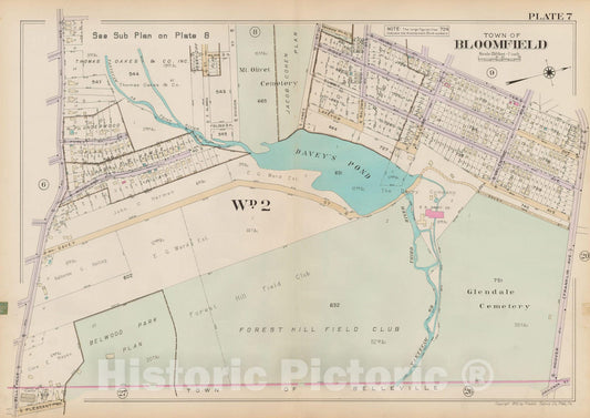 Historic Map : Atlas of Bloomfield, Belleville and Nutley; Essex County Vol D, Bloomfield 1932 Plate 007 , Vintage Wall Art