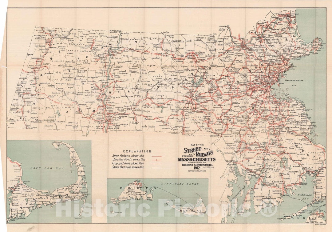 Historic Map : Massachusetts Railroad Commission Maps, Street Railways of Massachusetts 1913 , Vintage Wall Art