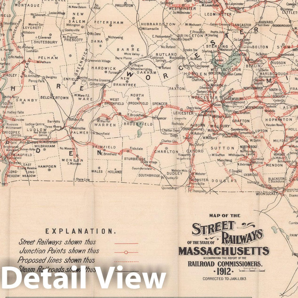 Historic Map : Massachusetts Railroad Commission Maps, Street Railways of Massachusetts 1913 , Vintage Wall Art