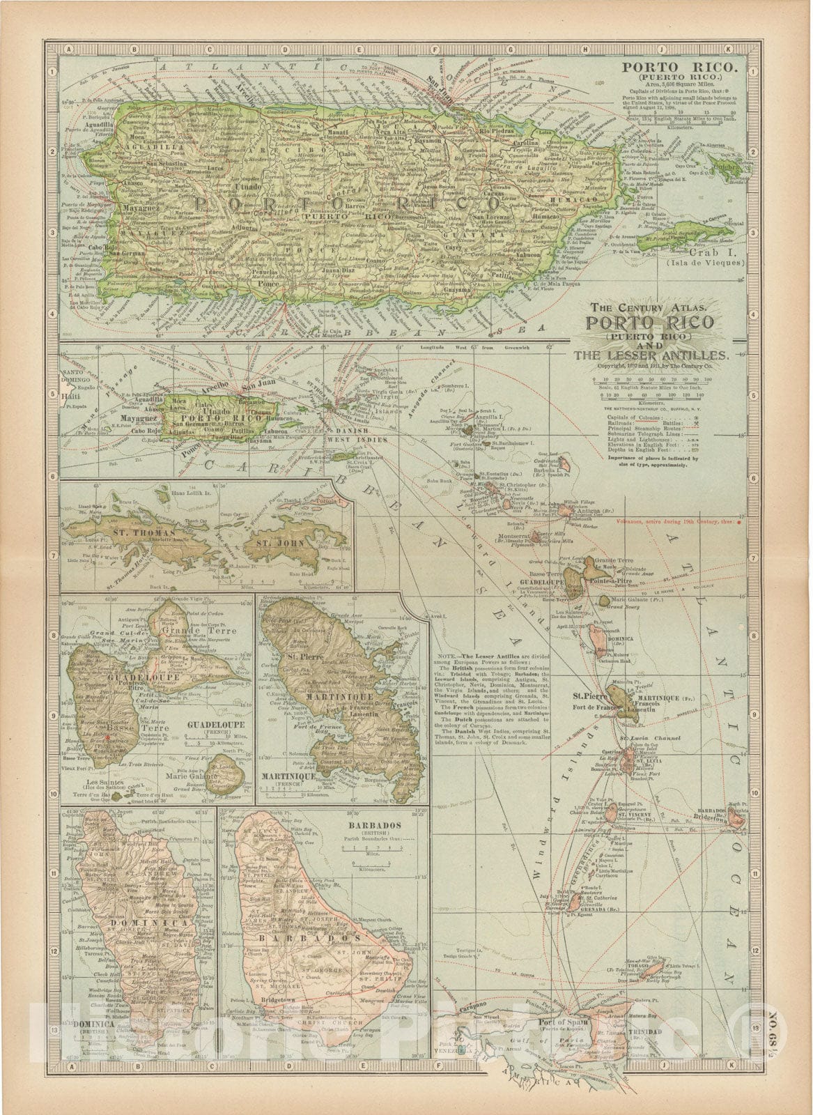 Historic Map : Lesser Antilles 1914 , Century Atlas of the World, Vintage Wall Art