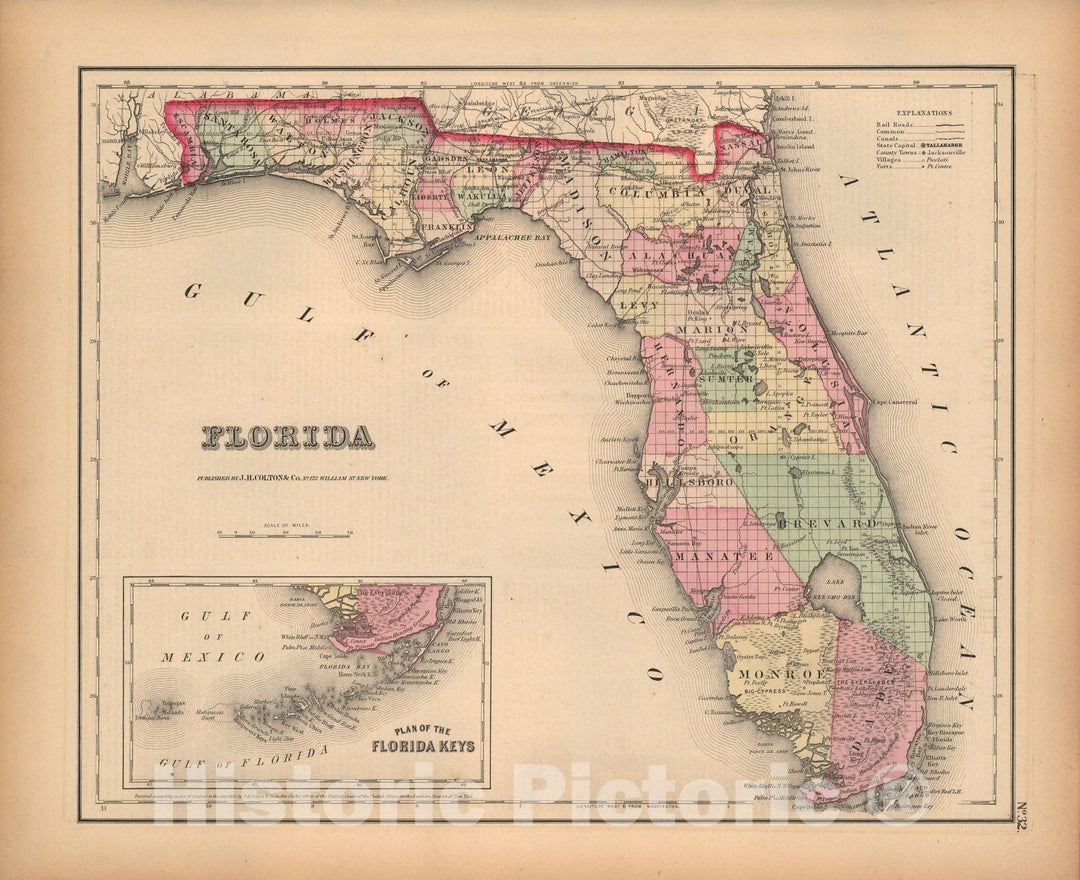 Historic Map : Florida 1857 , General Atlas (Of The World) , Vintage Wall Art