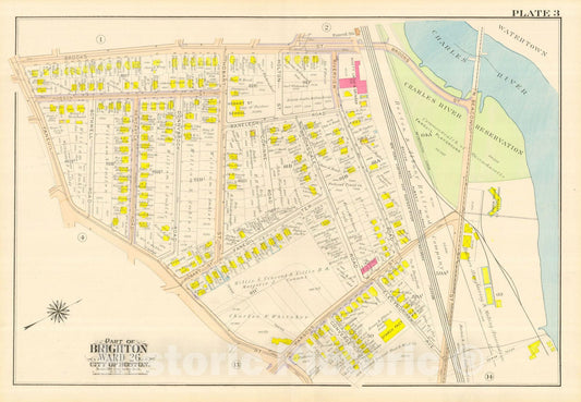 Historic Map : Atlas City of Boston, Wards 25 & 26 Brighton, Brighton 1916 Plate 003 , Vintage Wall Art
