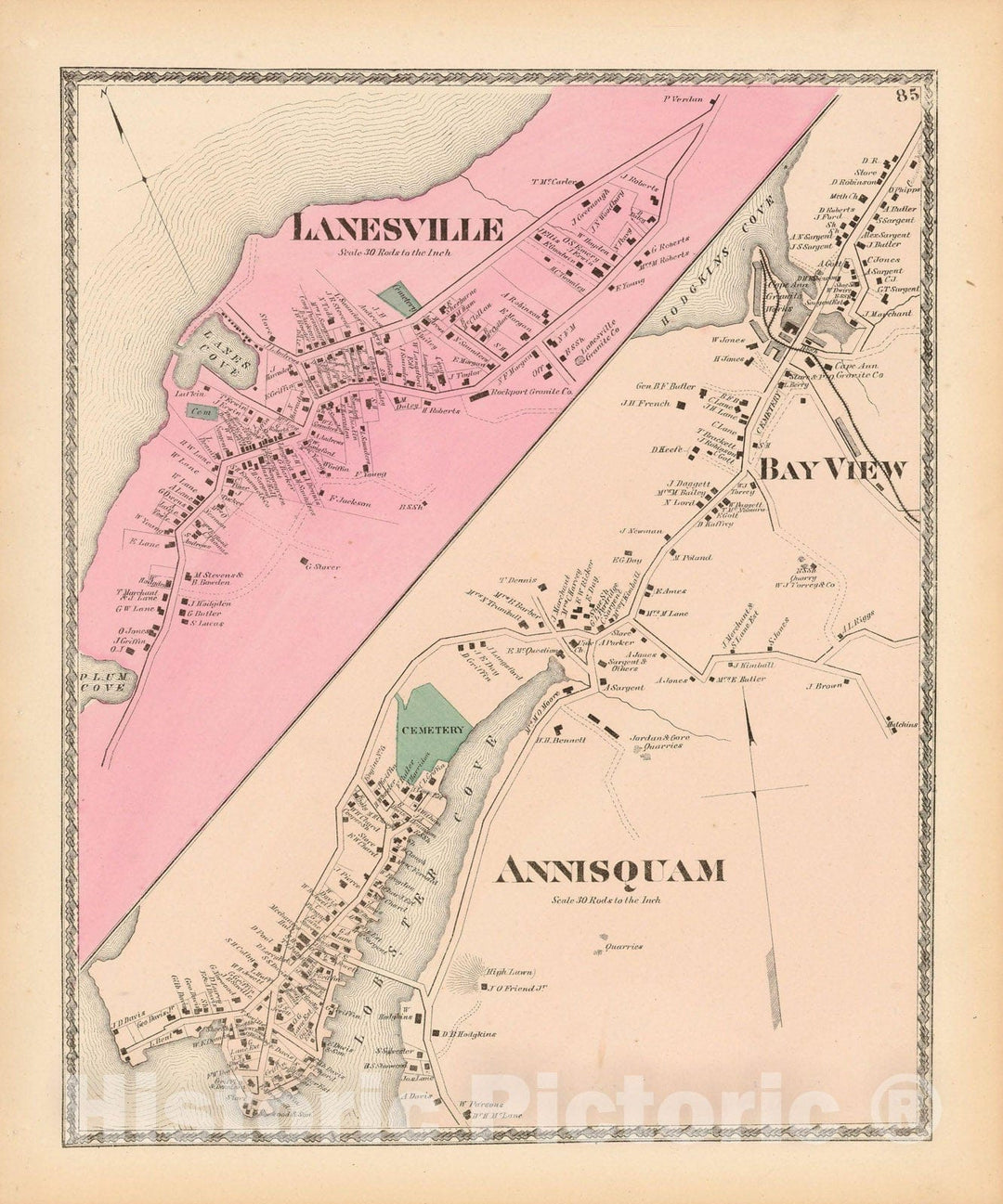 Historic Map : Atlas of Essex County Massachusetts, Gloucester 1872 , v2, Vintage Wall Art