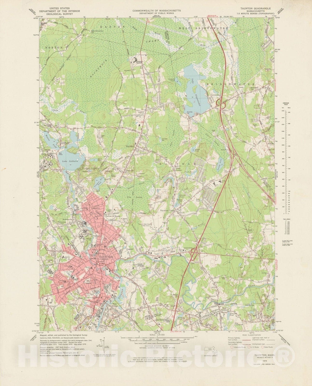 Historic Map : USGS 7.5 Minute Sheets and Quadrangles, Raynham & Taunton 1978 Topographic Map , Vintage Wall Art