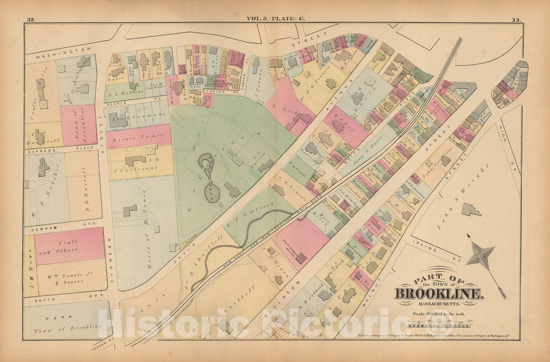 Historic Map : Atlas Town of Brookline, Brookline 1874 Plate G , Vintage Wall Art