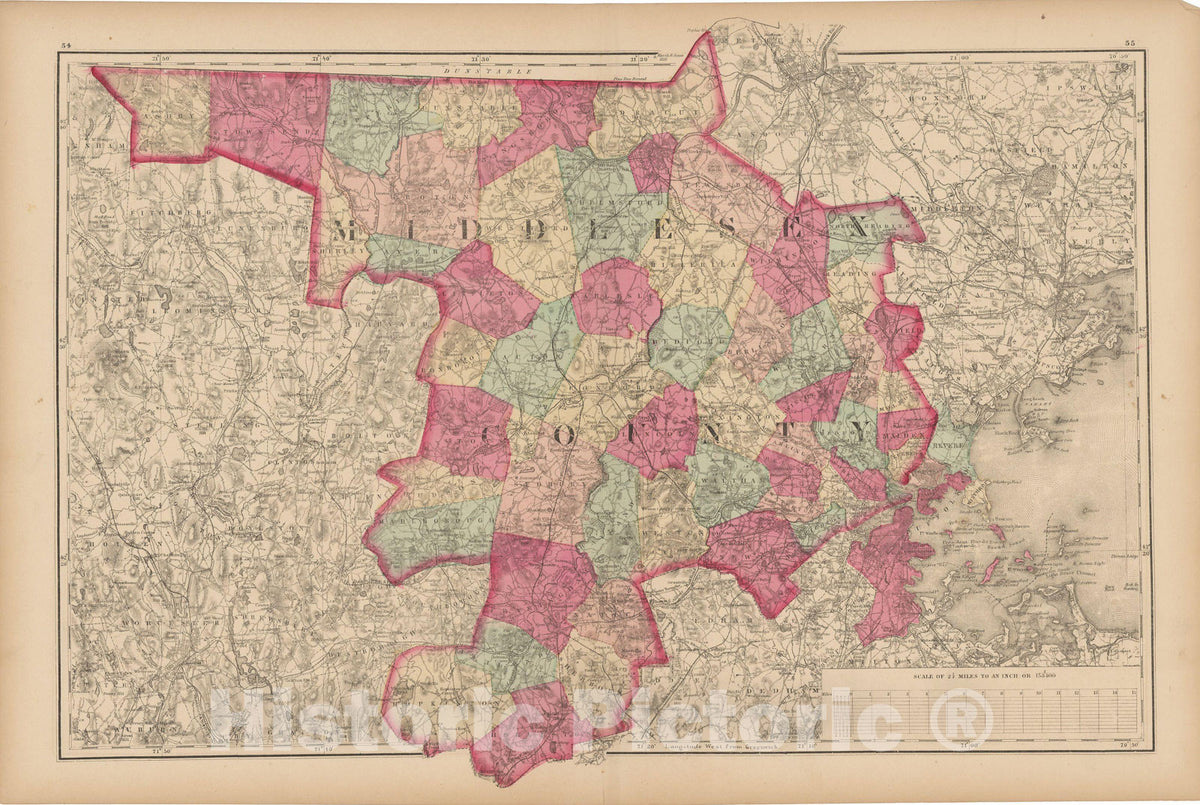 Historic Map : Official Topographical Atlas of Massachusetts, Middlesex 1871 , Vintage Wall Art