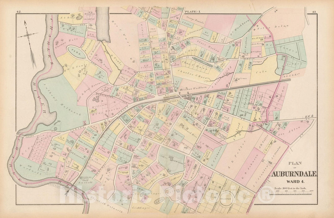 Historic Map : City of Newton, Middlesex County, Newton 1874 Plate I , Vintage Wall Art