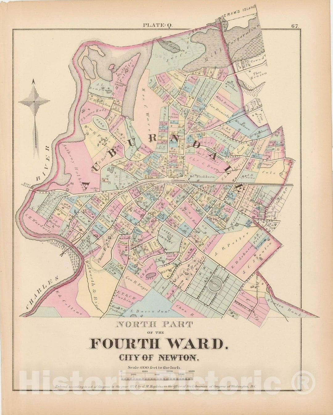 Historic Map : City of Newton, Middlesex County, Newton 1874 Plate Q , Vintage Wall Art