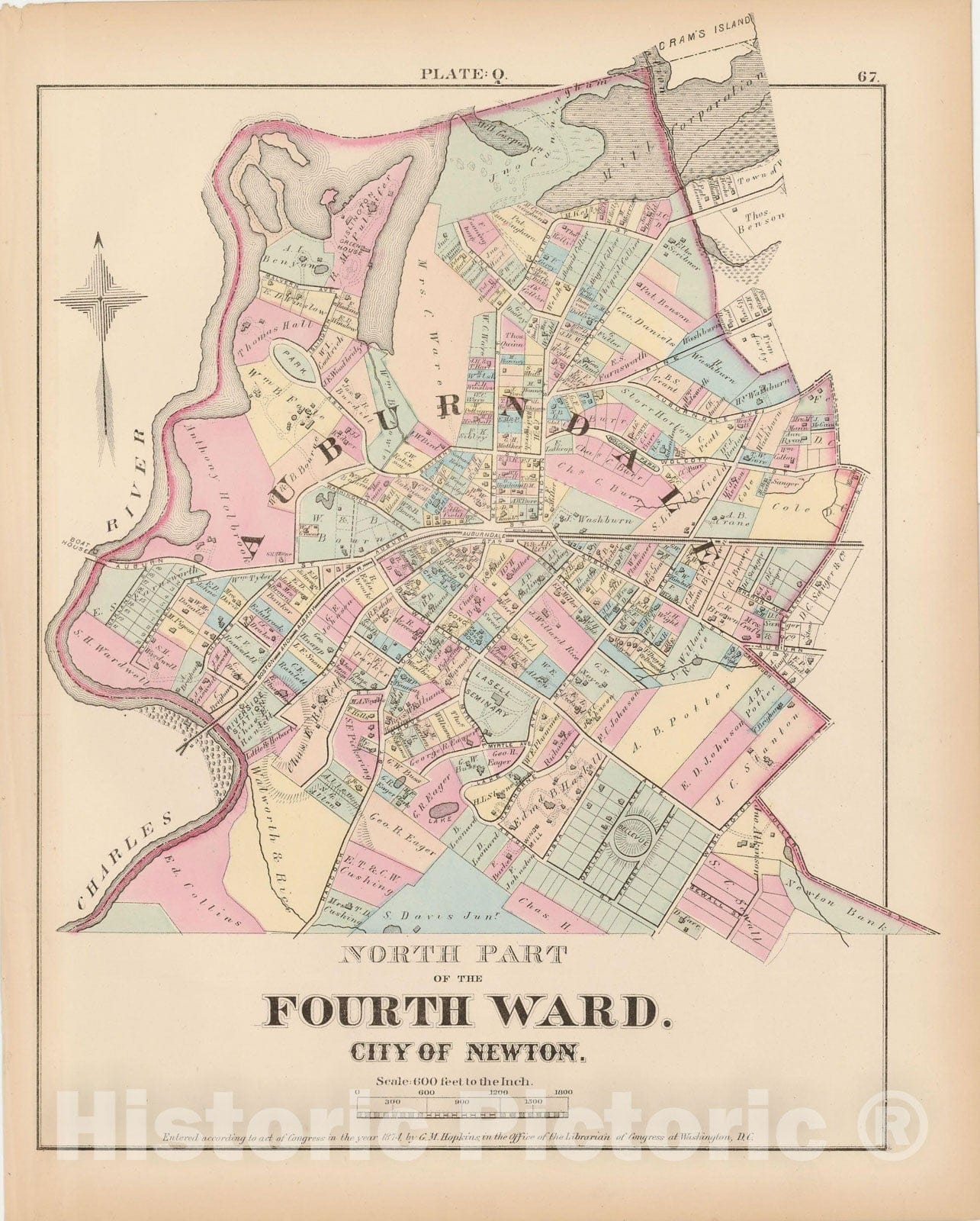 Historic Map : City of Newton, Middlesex County, Newton 1874 Plate Q , Vintage Wall Art