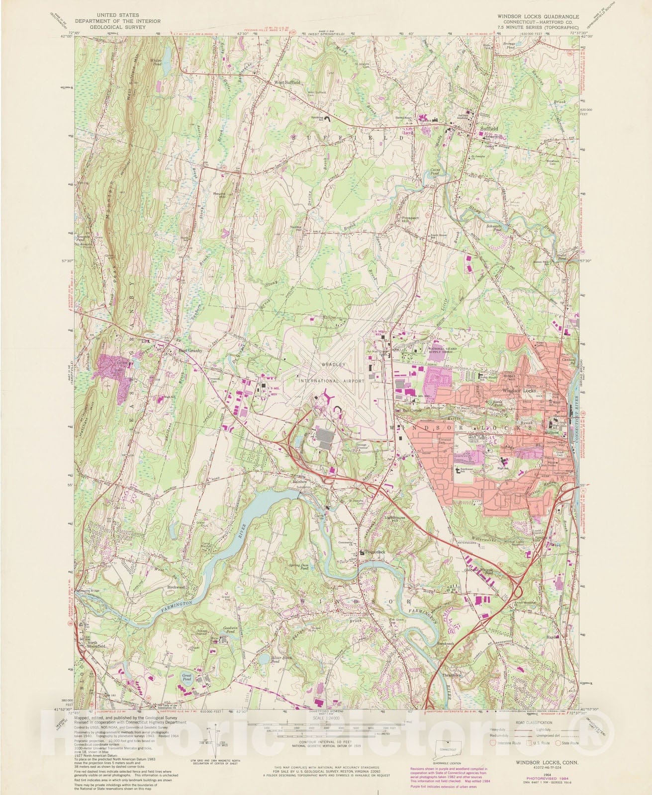 Historic Map : USGS 7.5 Minute Sheets and Quadrangles, Suffield & Windsor & Windsor Locks 1984 Topographic Map , Vintage Wall Art