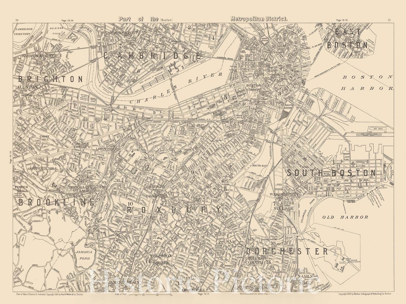 Historic Map : Boston & Brookline & Cambridge & Dorchester & Roxbury & South Boston 1908 , Topographical Atlas of Massachusetts , Vintage Wall Art