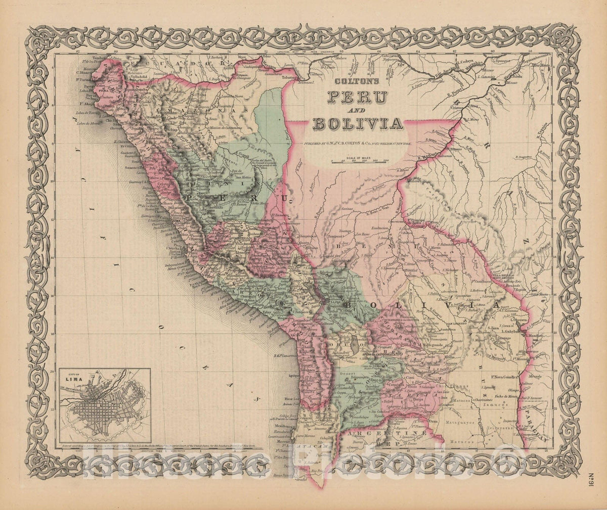 Historic Map : Peru & Bolivia 1855 , Colton's Atlas World , Vintage Wall Art