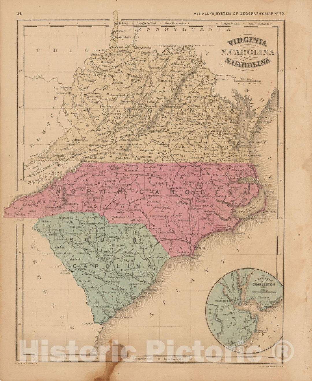 Historic Map : McNally's Improved System of Geography, North Carolina & South Carolina & Virginia & West Virginia 1856 , Vintage Wall Art